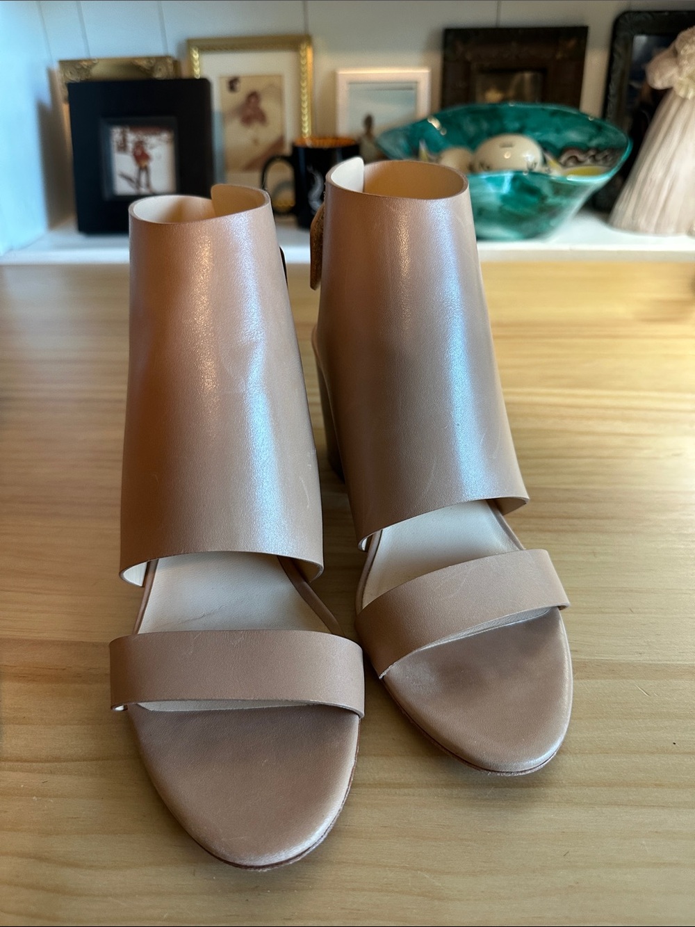 Barneys New York Taupe Leather Open-Toe Block Heel Sandals